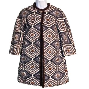 Vilagallo Aztec Print Wool Blend Mink Fur Trim 3/4 Sleeve One Button Jacket Coat